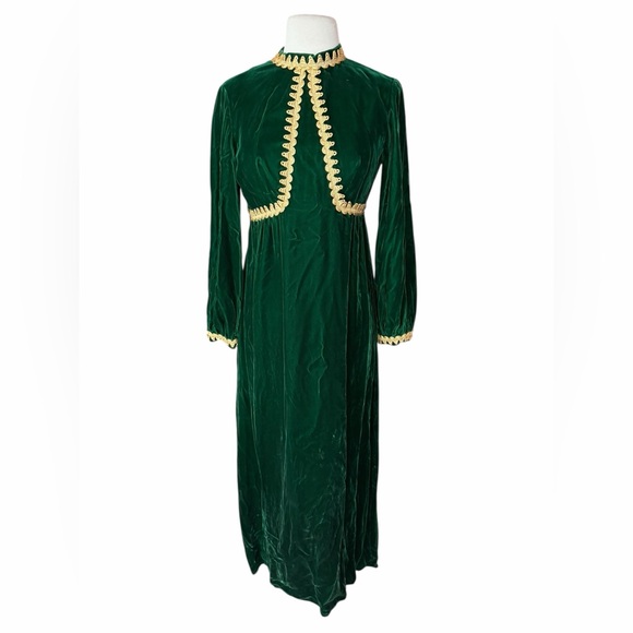 Vintage Dresses & Skirts - 1960s/70s Lorrie Deb San Francisco Emerald Green Velvet w/Metallic Gold Soutache